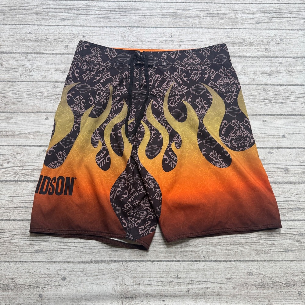 Harley-Davidson Board Shorts Men's 36 Orange Black Flame Skull Biker Swim Trunks